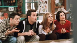 Matt LeBlanc as Joey Tribbiani, Matthew Perry as Chandler Bing, Jennifer Aniston as Rachel Green and Courteney Cox as Monica Geller on NBC’s “Friends.”