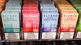 Elf Bar disposable flavored e-cigarette products are displayed in a convenience store in El Segundo, California, on June 23, 2022.