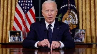 U.S.  President Joe Biden delivers a prime-time address to the nation about his approaches to the conflict between Israel and Hamas, humanitarian assistance in Gaza and continued support for Ukraine in their war with Russia, from the Oval Office of the White House in Washington, U.S. October 19, 2023.