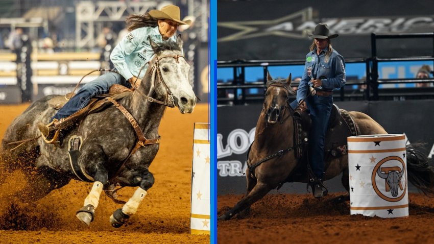 Two barrel racers competing.