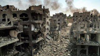 An aerial view of buildings destroyed by Israeli air strikes in the Jabalia camp for Palestinian refugees in Gaza City, on October 11, 2023.