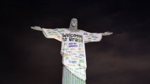 An image projected onto Christ the Redeemer welcomes US singer Taylor Swift to Rio de Janeiro, Brazil, on November 16, 2023. Swift will offer three shows of 'The Eras Tour" in Rio de Janeiro. (Photo by Florian Plaucher / AFP) (Photo by FLORIAN PLAUCHER/AFP via Getty Images)