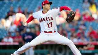 Shohei Ohtani, formerly of the Los Angeles Angels, pitches during a game in Anaheim, California, on July 6, 2021.