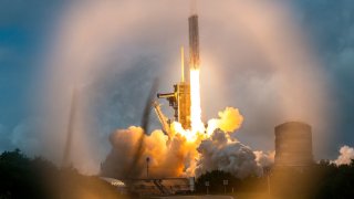 A SpaceX Falcon Heavy rocket with the Psyche spacecraft launches from NASA’s Kennedy Space Center in Cape Canaveral, Florida, on Oct. 13, 2023.