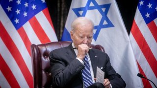 U.S. President Joe Biden joins Israel’s Prime Minister for the start of the Israeli war cabinet meeting, in Tel Aviv on October 18, 2023, amid the ongoing battles between Israel and the Palestinian group Hamas.