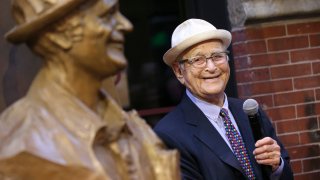 Norman Lear smiles as he stands near a statue honoring him at Emerson College on Thursday, October 4, 2018 in Boston Massachusetts. (Staff photo By Nicolaus Czarnecki) (Photo by Nicolaus Czarnecki/MediaNews Group/Boston Herald via Getty Images)