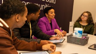 CNBC’s senior personal finance correspondent Sharon Epperson speaks with high school students as part of Junior Achievement of Middle Tennessee’s Finance Park financial literacy program.