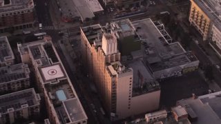 An aerial view of The Ace Hotel in downtown LA in December 2023.