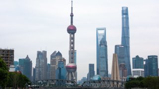 A view of high-rise buildings is seen along the Suzhou Creek in Shanghai, China on July 5, 2023.