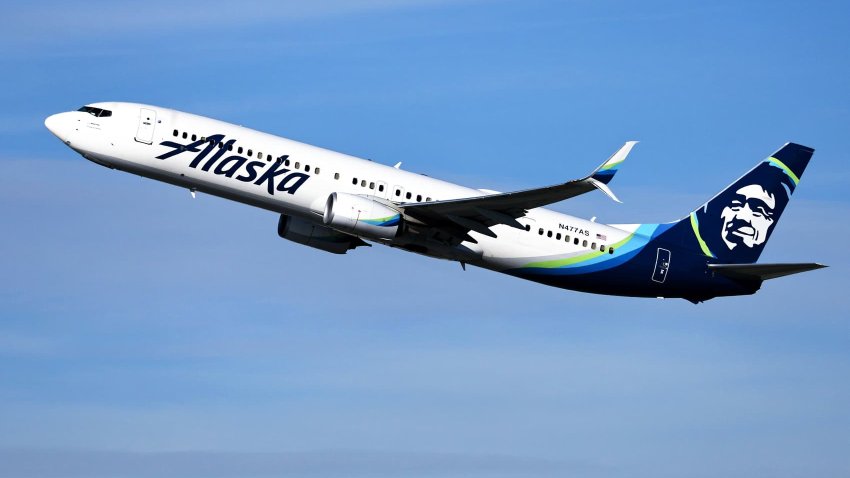 An Alaska Airlines plane takes off from Los Angeles International Airport (LAX) on December 4, 2023 in Los Angeles, California. 