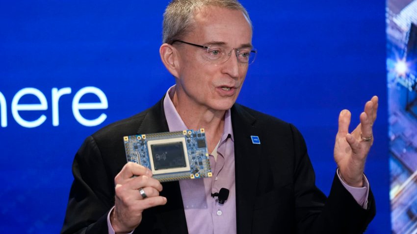 Intel CEO Pat Gelsinger speaks while holding a new chip, called Gaudi 3, during an event called AI Everywhere in New York, Thursday, Dec. 14, 2023. 