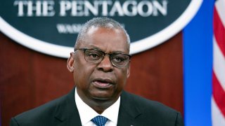 FILE – Secretary of Defense Lloyd Austin speaks at a virtual Ukraine Defense Contact Group (UDCG) meeting, Nov. 22, 2023, at the Pentagon in Washington.