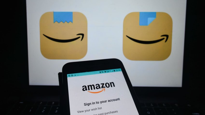 An illustrative image of the Amazon shopping app seen on a mobile phone screen in front of an old, left, and a new, right, Amazon shopping app icon displayed on a screen.