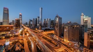 Aerial view of vehicles being driven on the road through the central business district on October 5, 2020 in Beijing, China.