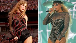 (L) Taylor Swift performs onstage during her The Eras Tour at Paycor Stadium in Cincinnati, Ohio, on June 30, 2023. (R) Beyoncé performs onstage during her Renaissance World Tour at the Johan Cruyff Arena in Amsterdam, Netherlands, on June 17, 2023.