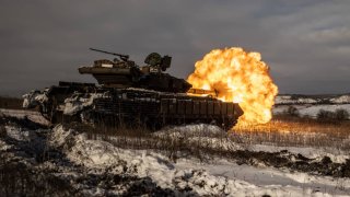 Ukrainian tank crews T64 battle tank fires on the Russian troops position on January 9, 2024 in Donetsk Oblast, Ukraine. 