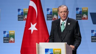 President of Turkey Recep Erdogan addresses journalists during the final national press conference during the high level NATO summit in Litexpo Conference Centre in Vilnius, Lithuania on July 12, 2023.