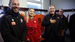 RUSHDEN, England – Feb. 13, 2024: Keir Starmer Campaigns With Labour’s By-election Candidate Gen Kitchen at AFC Rushden & Diamonds.