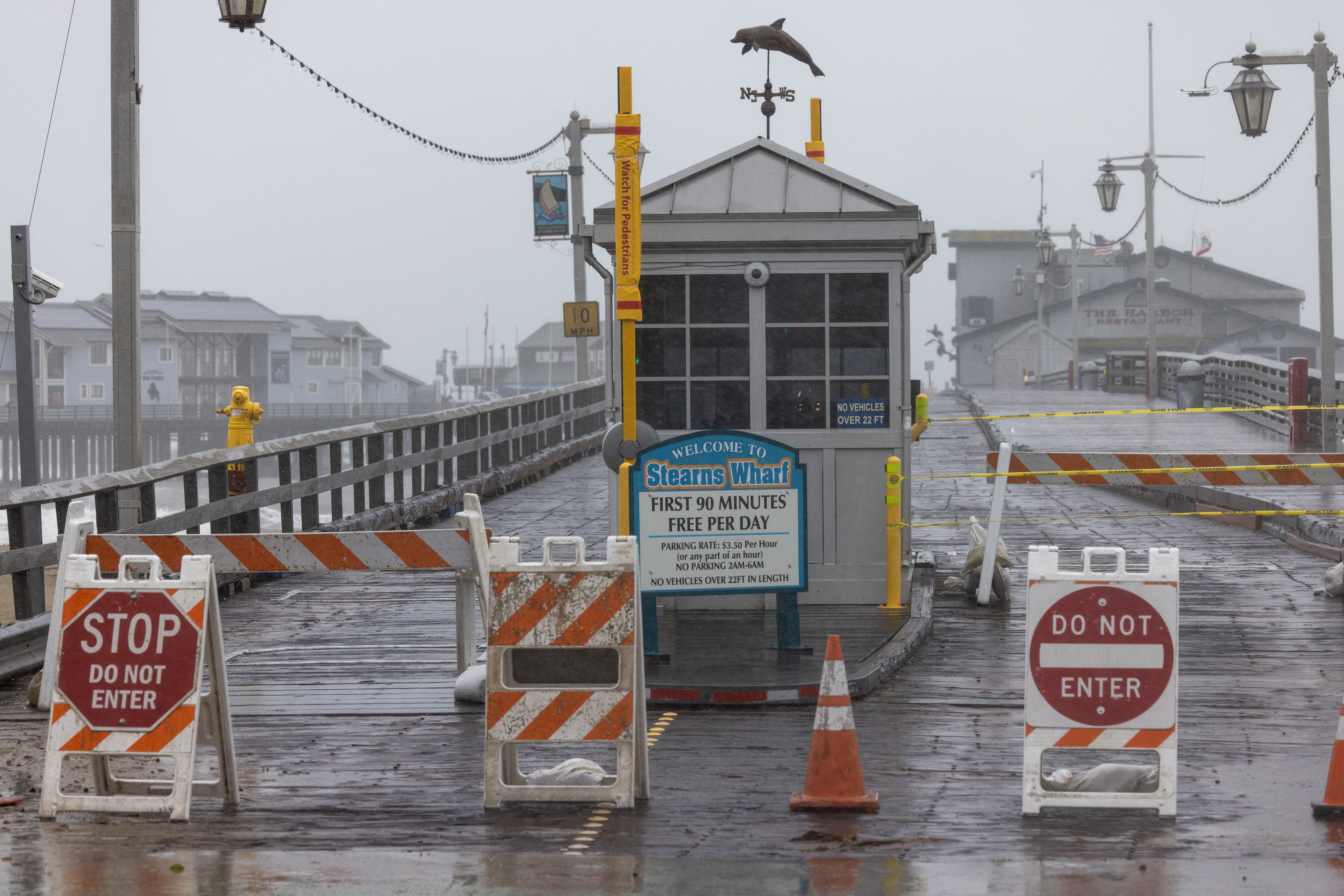 Stearns Wharf is shut down as the second and more powerful of two atmospheric river storms arrives to Santa Barbara, California on Feb. 4, 2024.