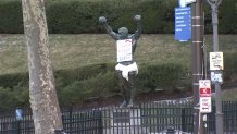 The Rocky statue at the Philadelphia Museum of Art decorated for Valentine's Day on Wednesday morning.