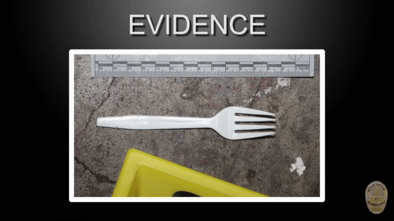 LAPD evidence photo shows a plastic fork allegedly held by Jason Maccani when Maccani was shot to death by an officer in Downtown LA February 3.