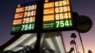 Gasoline prices for full serve and self serve are displayed at the Union 76 gas station ahead of the Labor Day weekend on August 28, 2023 in Beverly Hills, California.