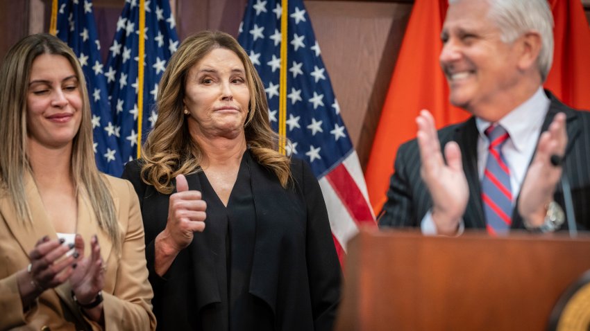 Caitlyn Jenner speaks at a press conference, Monday, March 18, 2024, in Mineola, N.Y. The former Olympic gold medalist threw her support behind a local New York official’s order banning female sports teams with transgender athletes from using county-owned facilities.