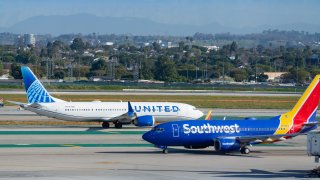 LOS ANGELES, CA - MARCH 16: United Airlines Boeing 737-9 MAX and Southwest Airlines Boeing 737-76N prepare for takeoff at Los Angeles International Airport on March 16, 2024 in Los Angeles, California. (Photo by AaronP/Bauer-Griffin/GC Images)