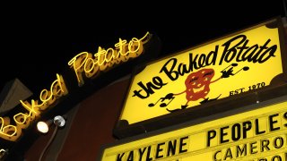 A view of the sign above the Baked Potato jazz club in Studio City.