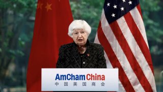 U.S. Treasury Secretary Janet Yellen speaks during an event by the American Chamber of Commerce in China (AmCham China) in Guangzhou, Guangdong province, China April 5, 2024.