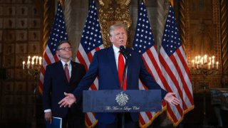 Republican presidential candidate former President Donald Trump and Speaker of the House Mike Johnson (R-LA) hold a press conference at Mr. Trump’s Mar-a-Lago estate on April 12, 2024, in Palm Beach, Florida. 