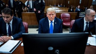 Former US President Donald Trump sits in the courtroom at Manhattan criminal court in New York, US, on Thursday, April 18, 2024.