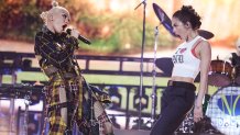 INDIO, CALIFORNIA - APRIL 13: (L-R) Gwen Stefani of No Doubt and Olivia Rodrigo perform at the Coachella Stage during the 2024 Coachella Valley Music and Arts Festival at Empire Polo Club on April 13, 2024 in Indio, California. (Photo by John Shearer/Getty Images for No Doubt)