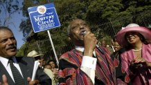 087251.ME.0912.chip Rev. Cecil Murray addresses a crowd across the street from the First African Methodist Episcopal Church in Los Angeles. Councilman Bernard Parks, left, hosts a dedication ceremony for an area that is now named Cecil L. "Chip" Murray Circle for his years of civic activism. Rev. Murray is retiring. Parks' wife Bobbie Parks is to the right.  (Photo by Annie Wells/Los Angeles Times via Getty Images)