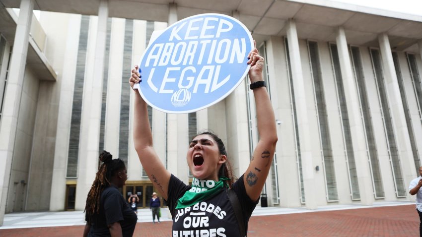 Faith Halstead, chants along with other protesters and activists near the Florida State Capitol where Florida State Senators voted to pass a proposed 6-week abortion ban in Tallahassee, Florida, on Monday, April 3, 2023. 