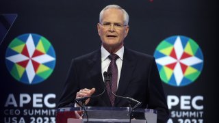 ExxonMobil CEO Darren Woods speaks during the APEC CEO Summit at Moscone West on November 15, 2023 in San Francisco, California.