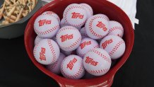 Topps baseballs during giveaways at Dodger Stadium.