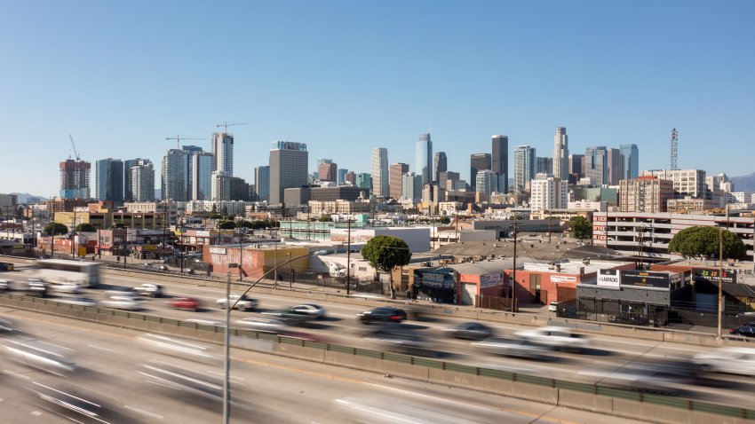 Freeway traffic leaving downtown Los Angeles