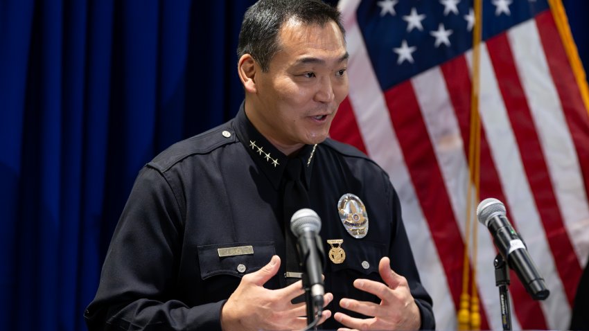 Los Angeles, CA – March 01:Joseph Choi speaks to the crowd on hand after he was sworn in as the Los Angeles Chief of Police on Friday, March 1, 2024.  Choi becomes the 58th LAPD Chief and the first Asian-American to fill the post.  Choi will serve as the interim police chief until a permanent replacement is found to fill the position vacated by Micheal Moore.     (Photo by David Crane/MediaNews Group/Los Angeles Daily News via Getty Images)