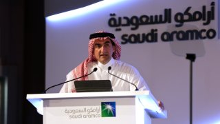 Yasir Al-Rumayyan, chairman of Saudi Arabian Oil Co. (Aramco), speaks during a news conference in Dammam, Saudi Arabia, on Sunday, Nov. 3, 2019. 