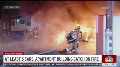 At least 5 cars, apartment building catch on fire in Studio City