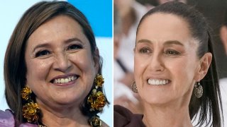 This combo image shows opposition presidential candidate Xochitl Galvez, left, on July 4, 2023, and presidential frontrunner Claudia Sheinbaum