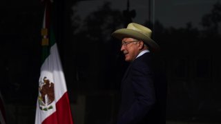 FILE – U.S. Ambassador Ken Salazar arrives to give a press conference at his residence in Mexico City, Oct. 17, 2022. Salazar warned Thursday, June 13, 2024, that migrants who do not opt for a legal pathway into the U.S. will face “great consequences.”