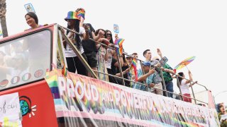 LOS ANGELES, CALIFORNIA - JUNE 09: Parade participants attend the 2024 LA Pride Parade on June 09, 2024 in Los Angeles, California. (Photo by Tommaso Boddi/Getty Images)