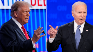 A split image of Donald Trump and Joe Biden at a debate.