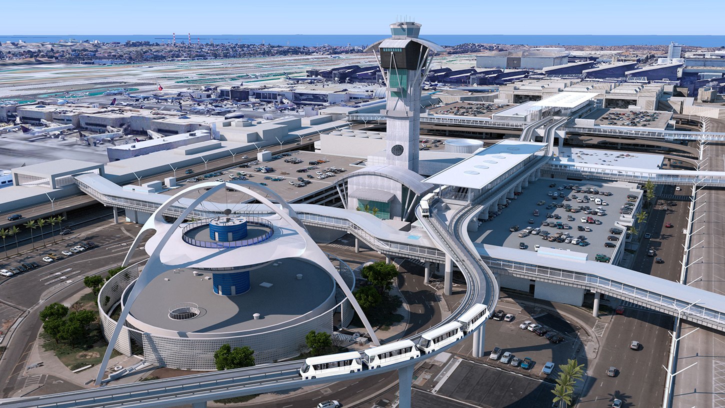 An aerial rendering of the LAX Central Terminal Area when the Automated People Mover train is in operation.