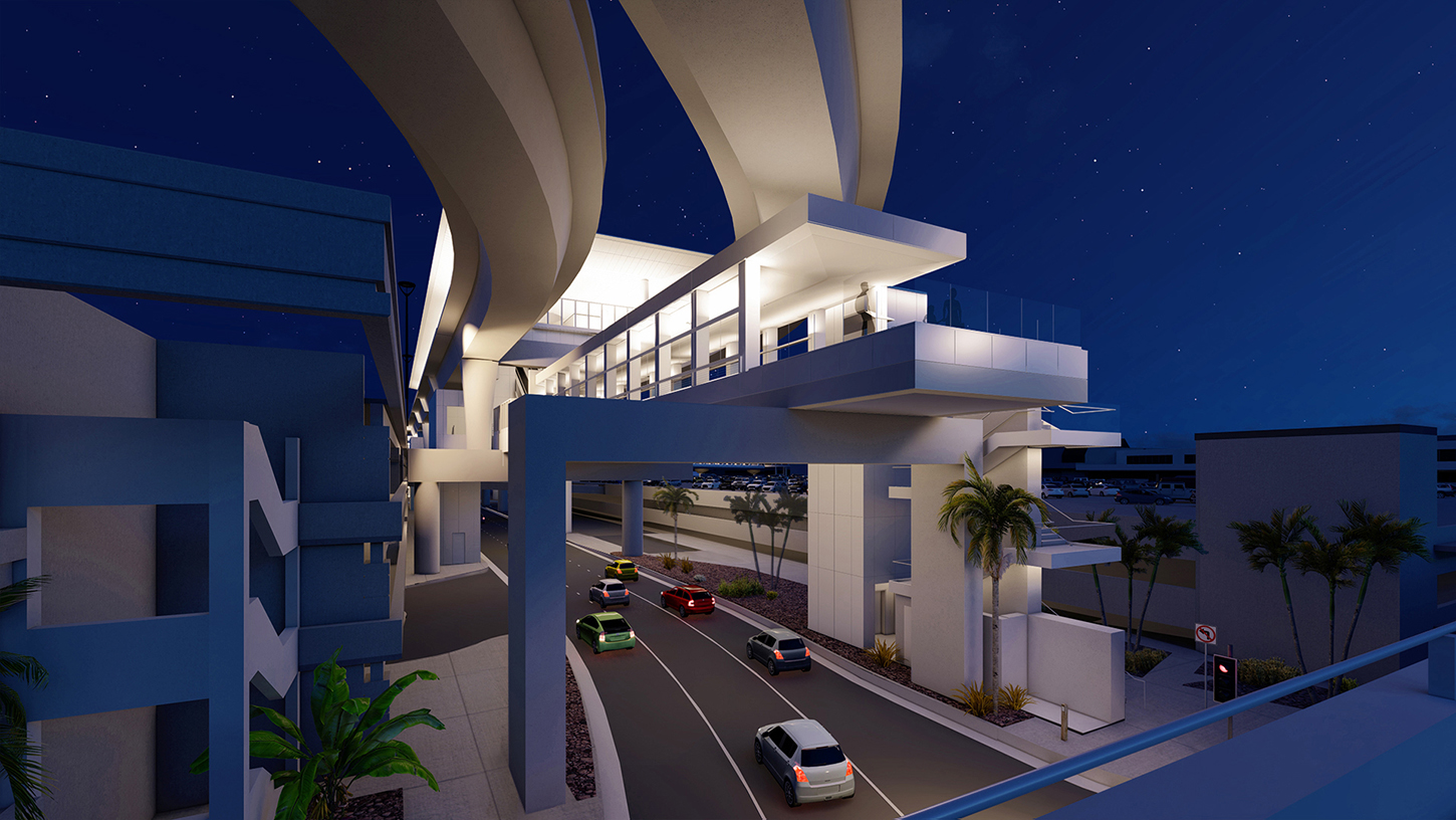 A rendering shows part of the LAX Automated People Mover project.