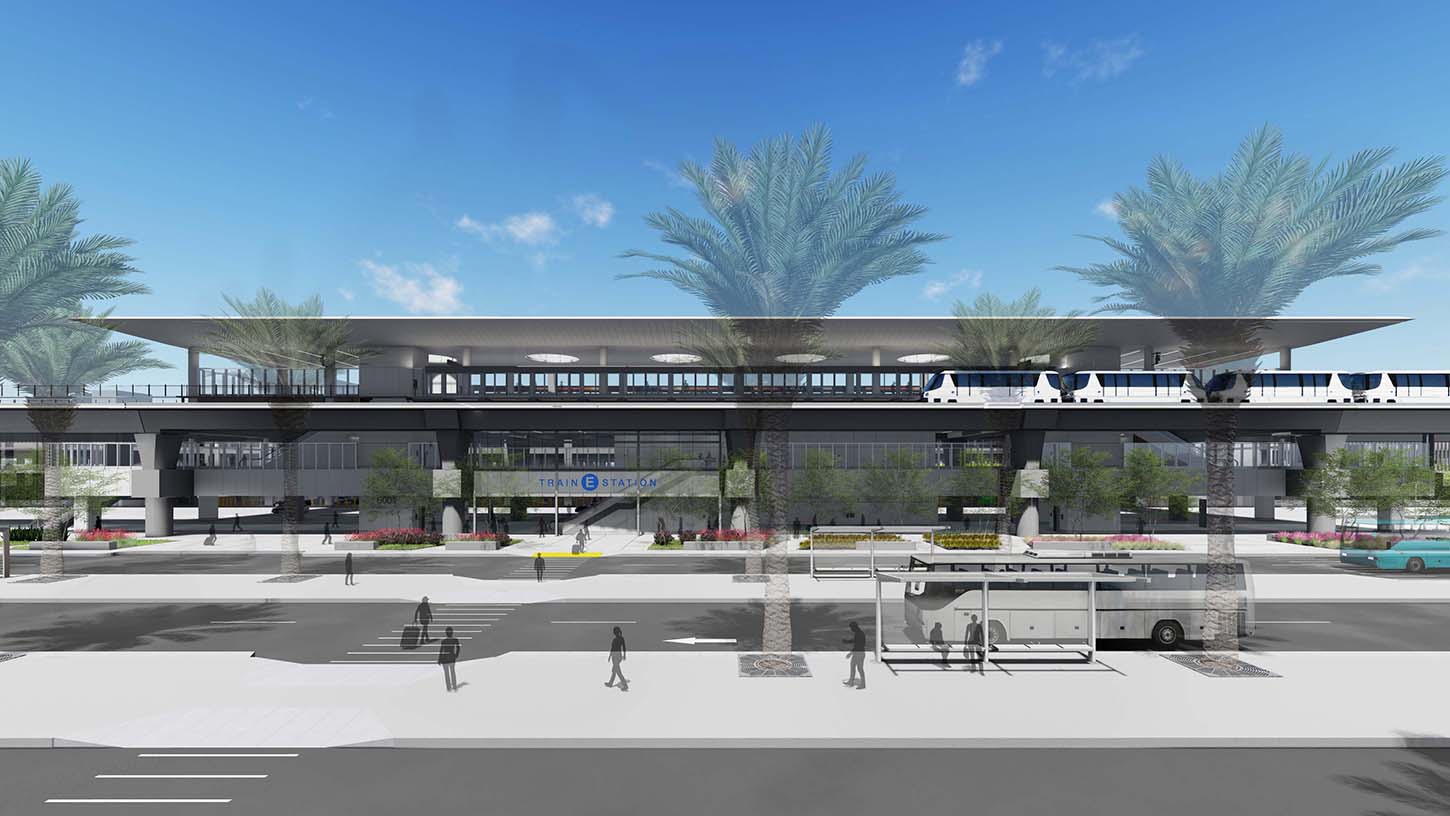 A rendering of the Automated People Mover station that will service the LAX Economy Parking facility.