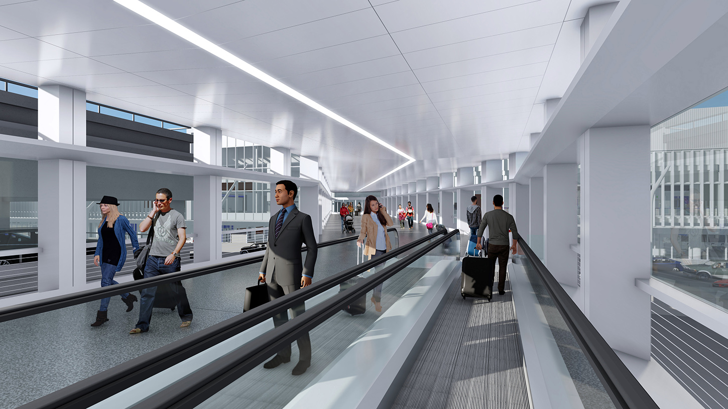 An interior view rendering of a pedestrian bridge that connects the Automated People Mover system to the terminals.