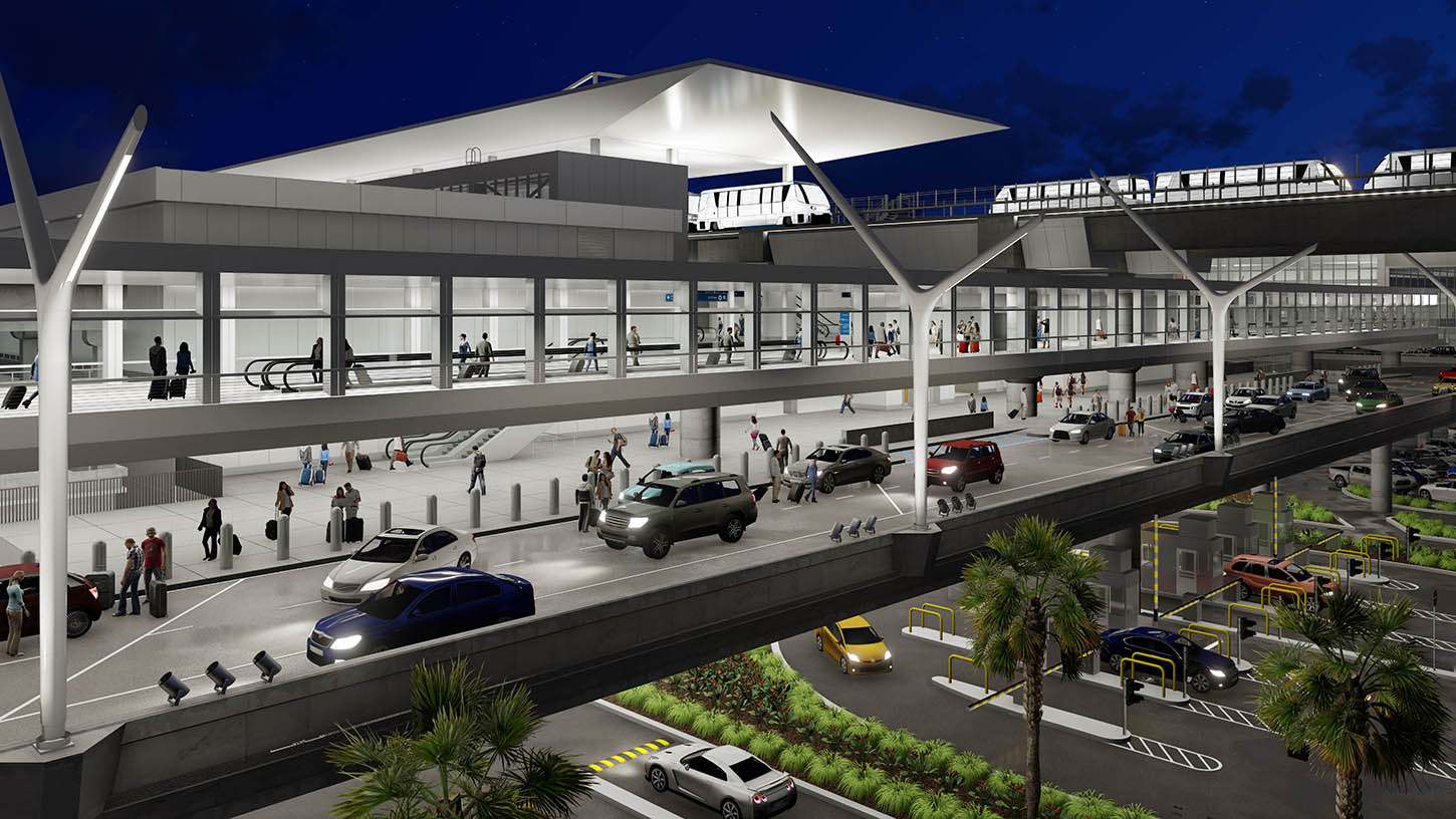 A rendering shows part of the LAX Automated People Mover project.